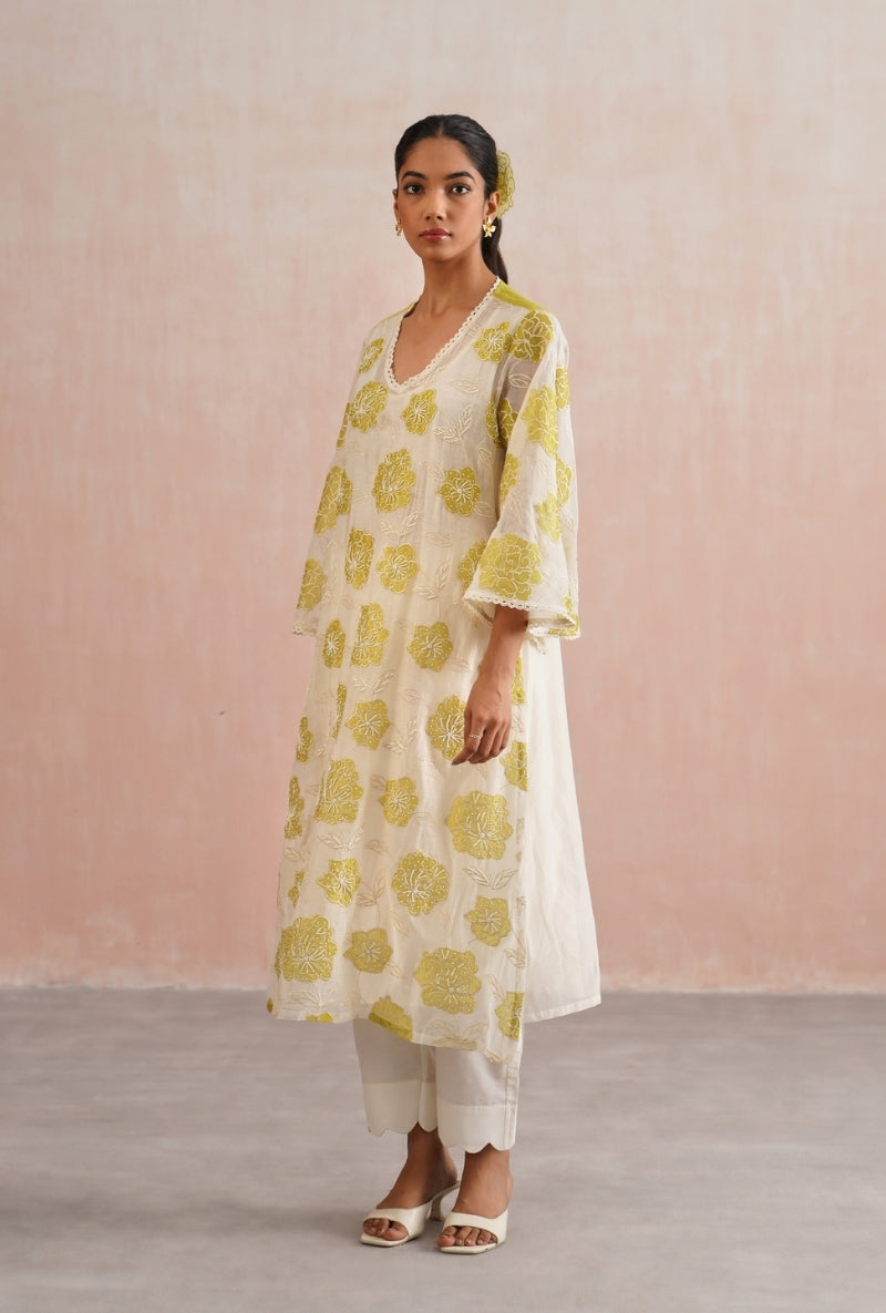 Lime Green Applique and Pearl Embroidered Kurta Set
