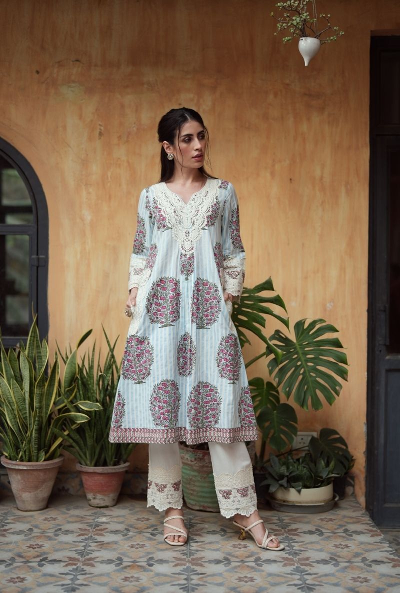 Powder Blue Annar Boota Motif Front Gather Raisa Kurta Set