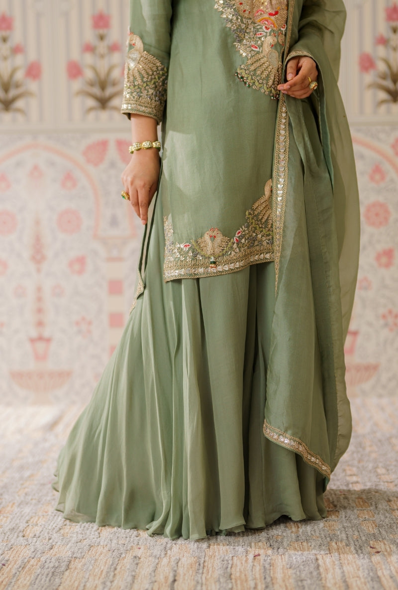 Pista Green Gota and Resham Hand Embroidered Mallika Sharara Set