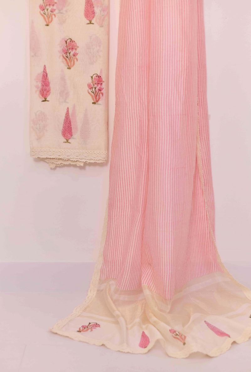 Block Print Resham Thread Embroidered Yoke Unstitched Suit Set