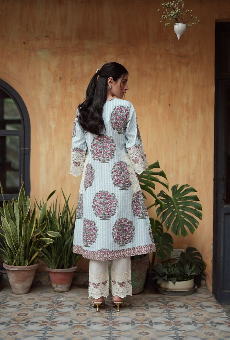 Powder Blue Annar Boota Motif Front Gather Raisa Kurta Set