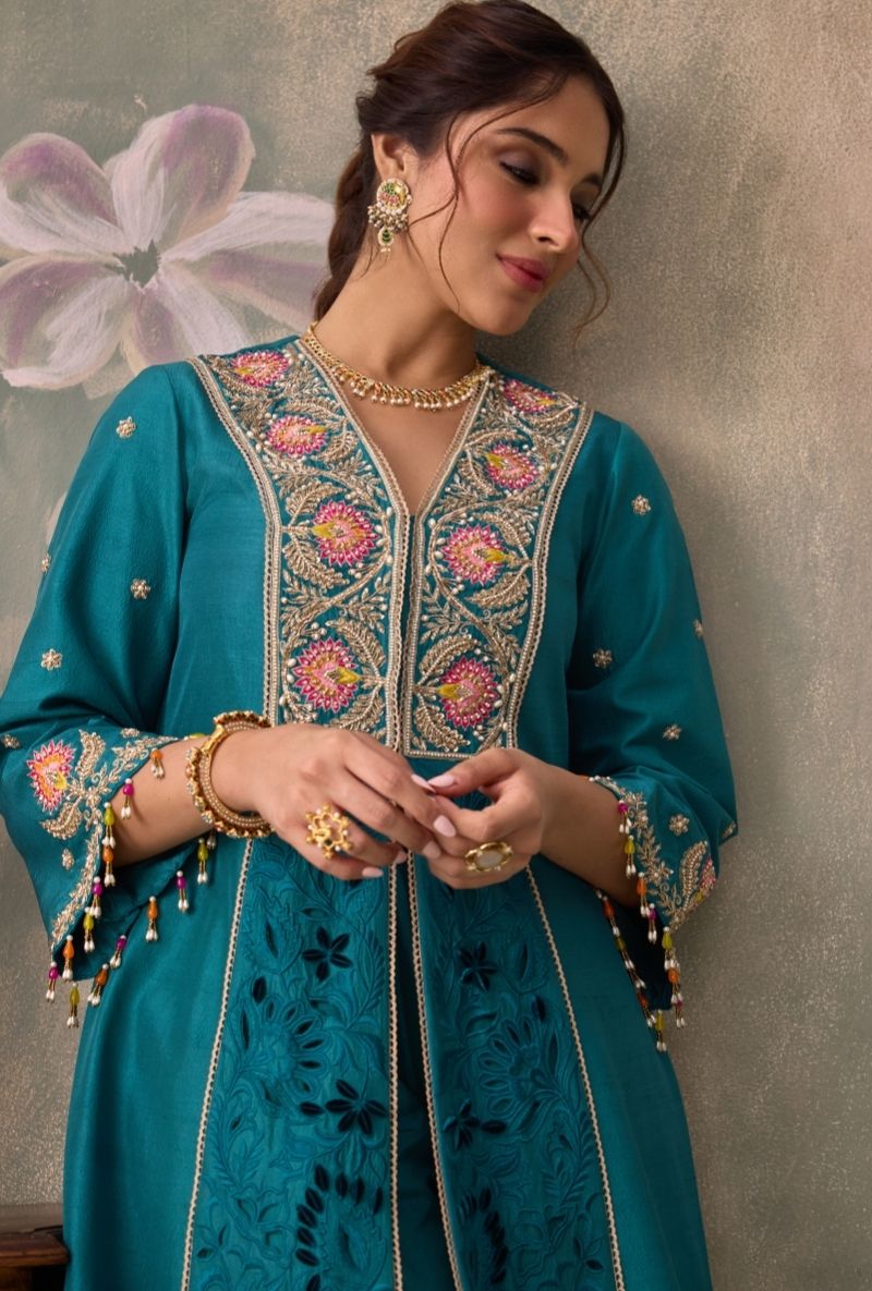 Teal Green Embrodered Yoke Jalsa Kurta Set