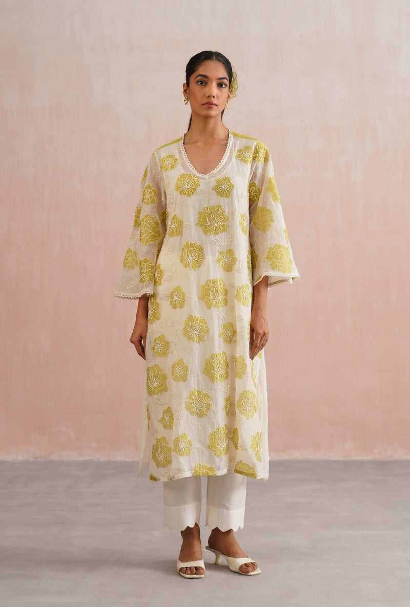 Lime Green Applique and Pearl Embroidered Kurta Set