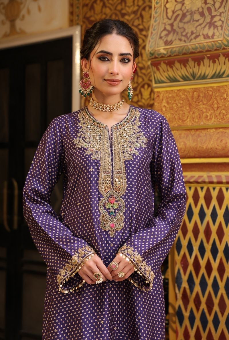Purple Printed Pakhi Yoke Straight Mehfil Kurta Set