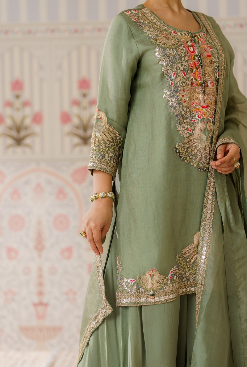 Pista Green Gota and Resham Hand Embroidered Mallika Sharara Set