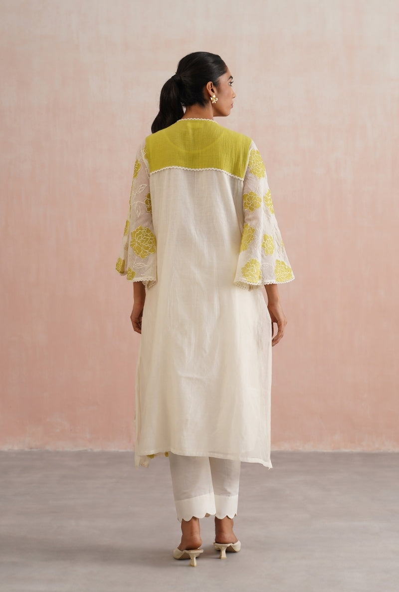 Lime Green Applique and Pearl Embroidered Kurta Set
