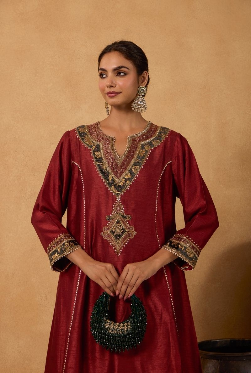 Brick Red Hand Embroidered Yoke Choga Surily Kurta Set