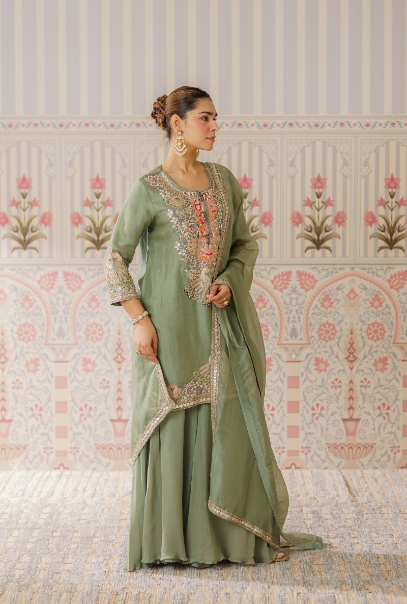 Pista Green Gota and Resham Hand Embroidered Mallika Sharara Set