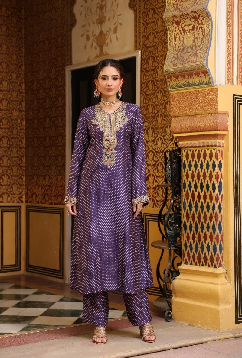 Purple Printed Pakhi Yoke Straight Mehfil Kurta Set