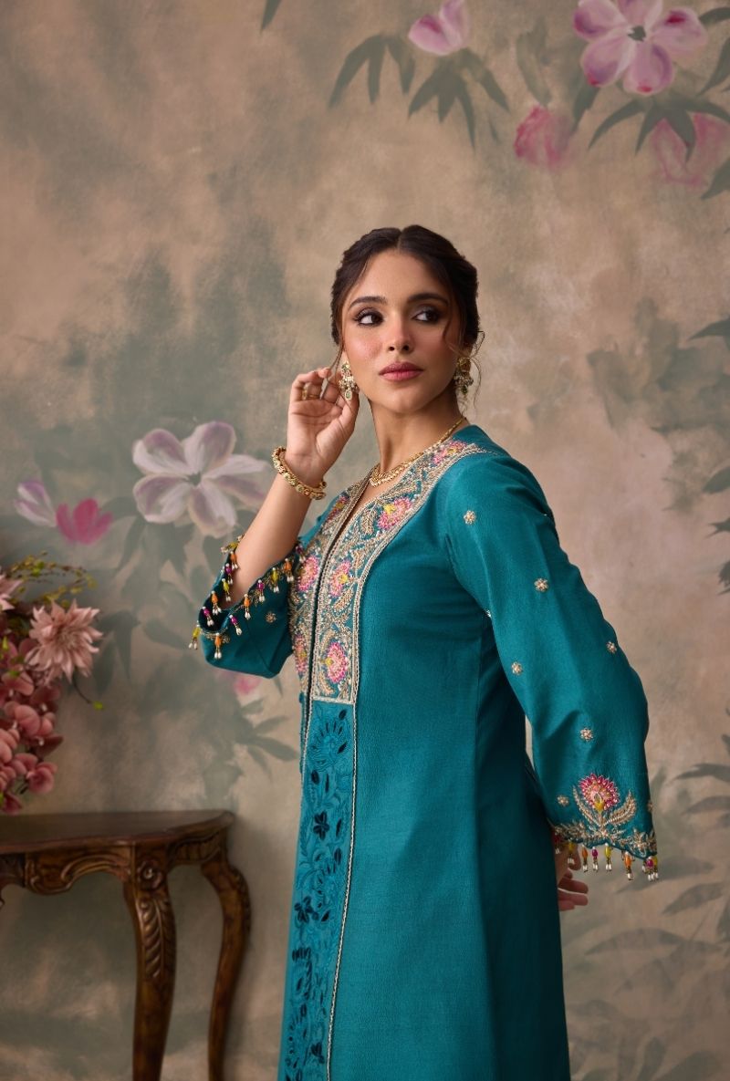 Teal Green Embrodered Yoke Jalsa Kurta Set