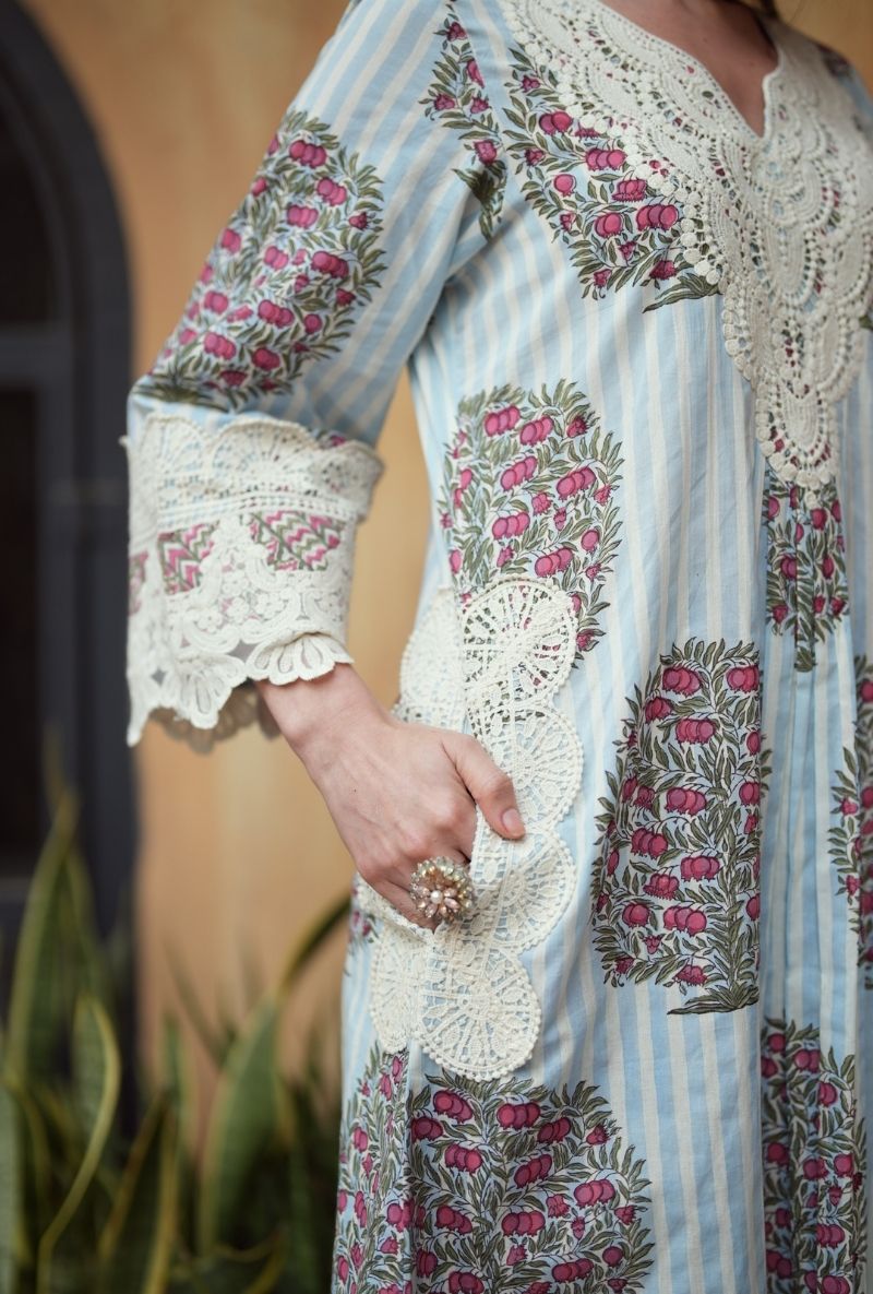 Powder Blue Annar Boota Motif Front Gather Raisa Kurta Set
