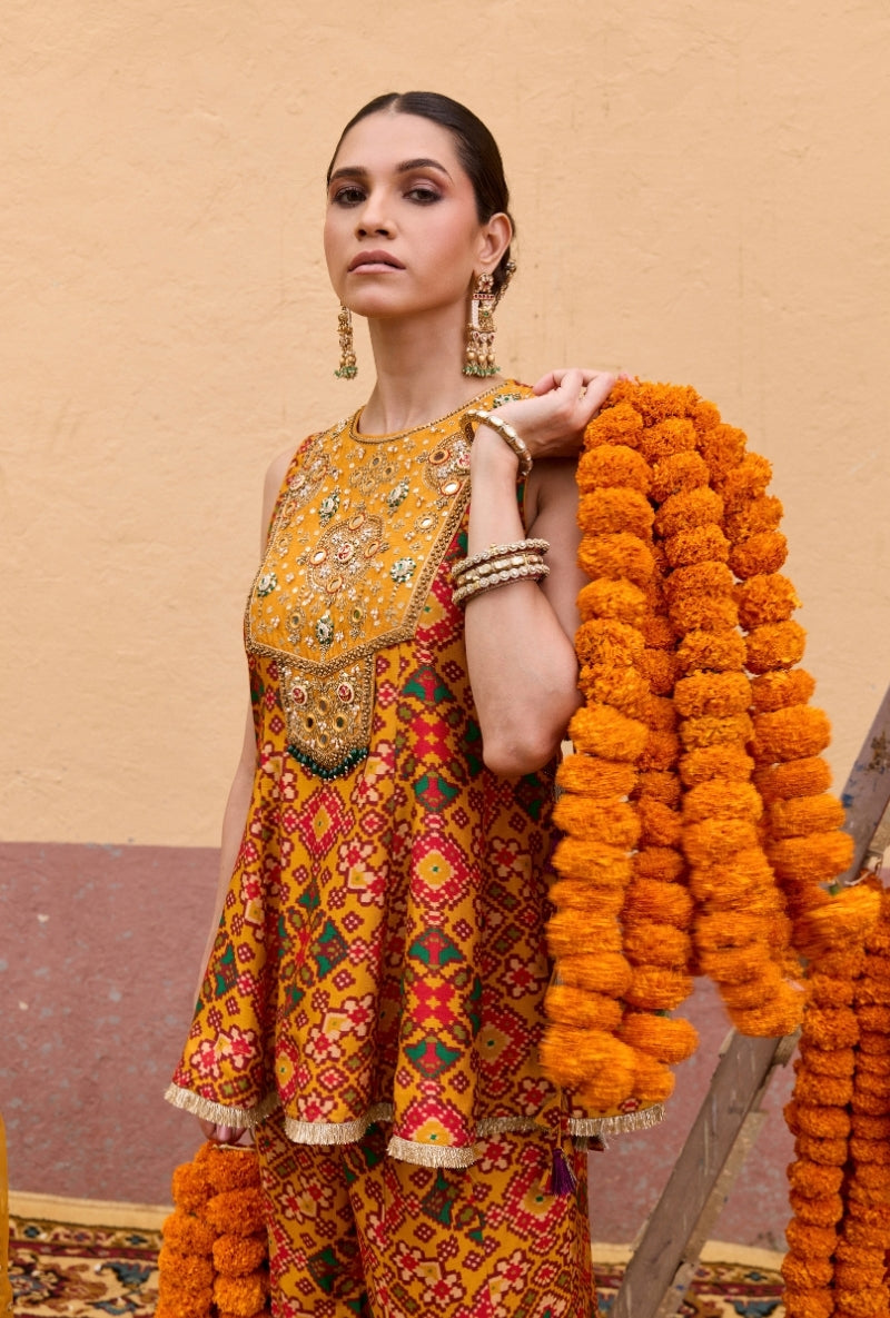 Yellow Patola Short Kali Oorja Sharara Set