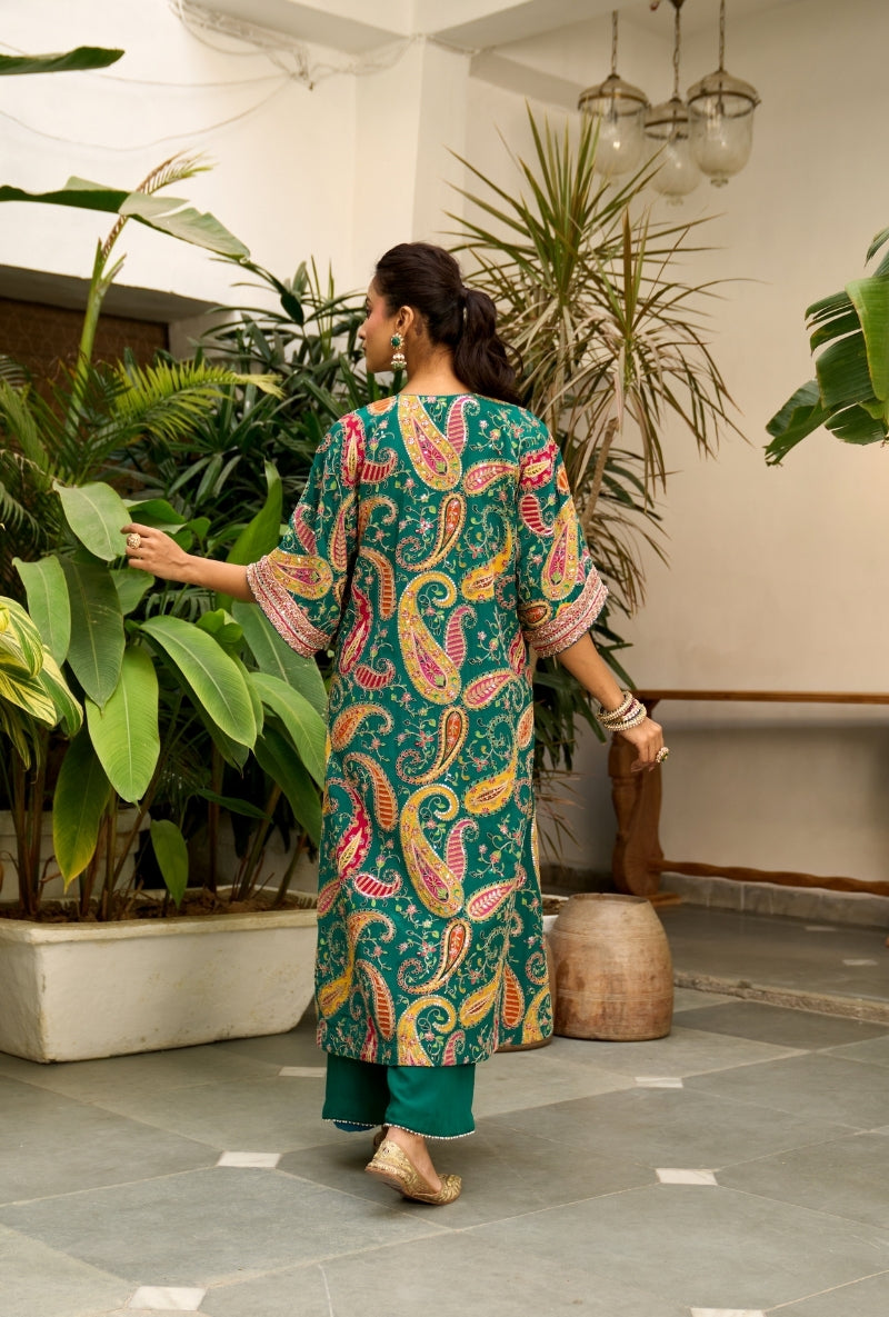 Bottle Green Paisely Print Choga Style Nadira Kurta Set