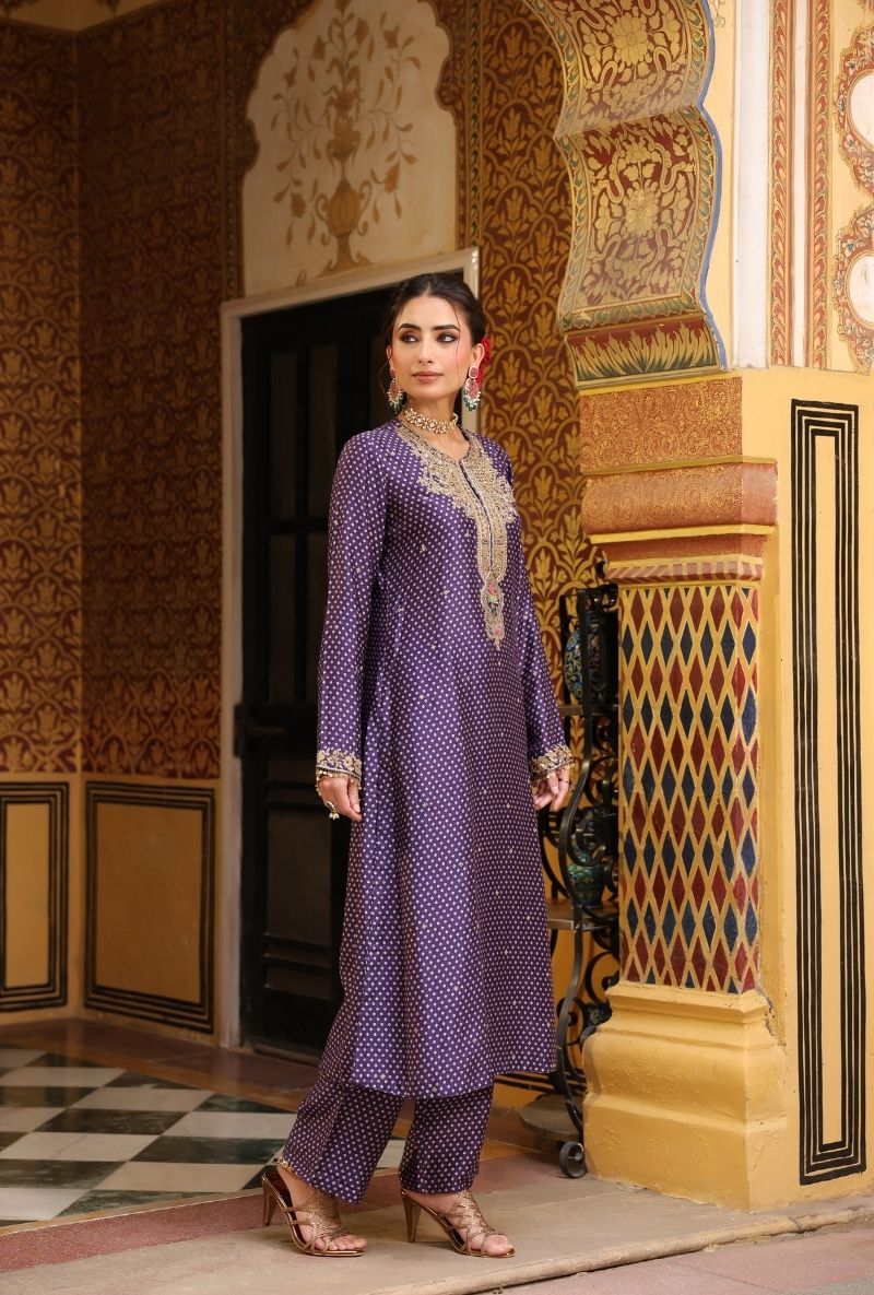 Purple Printed Pakhi Yoke Straight Mehfil Kurta Set