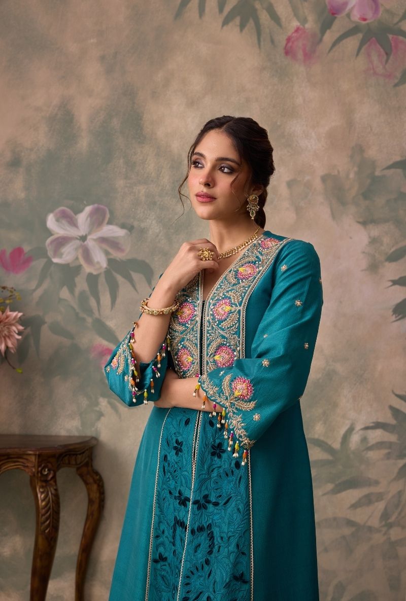 Teal Green Embrodered Yoke Jalsa Kurta Set