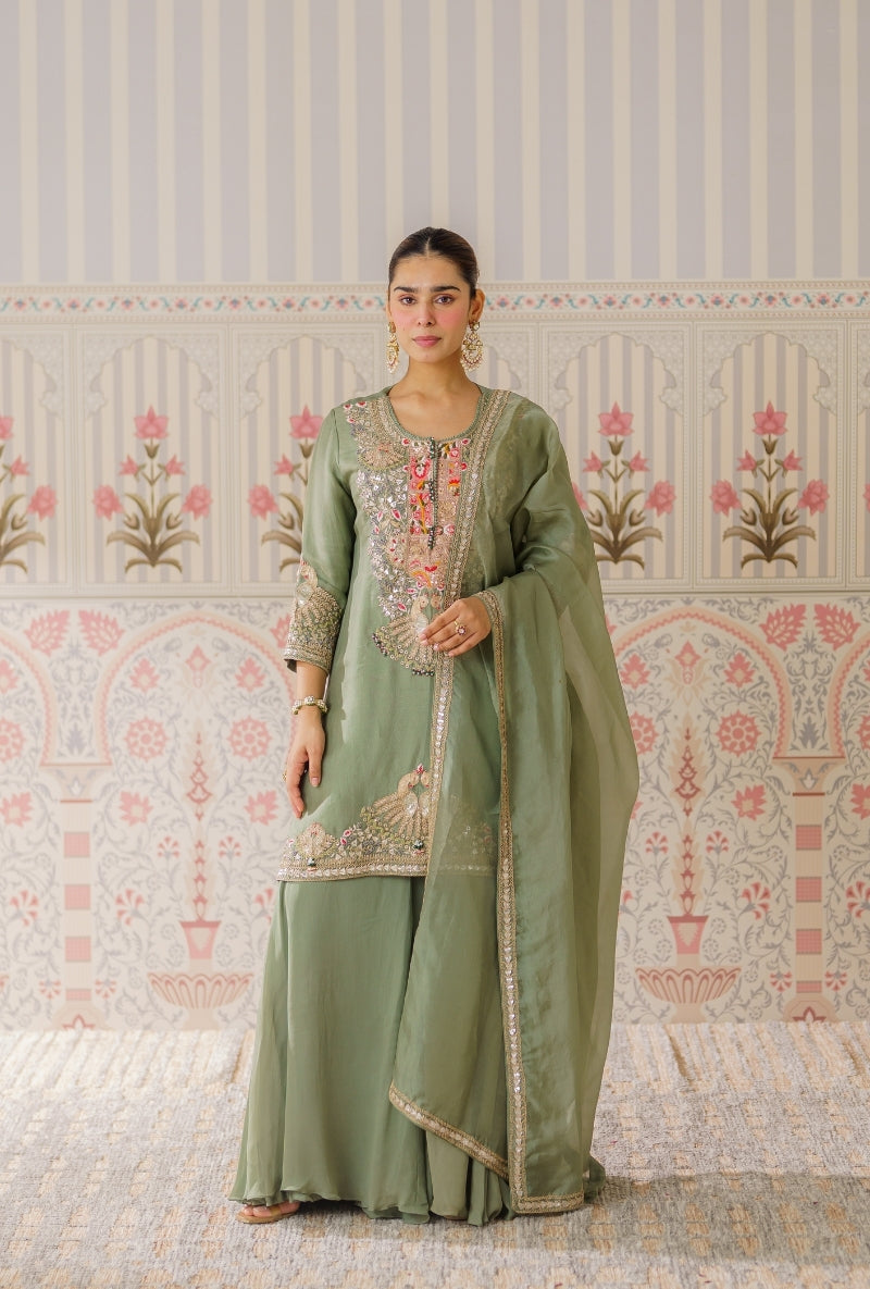 Pista Green Gota and Resham Hand Embroidered Mallika Sharara Set