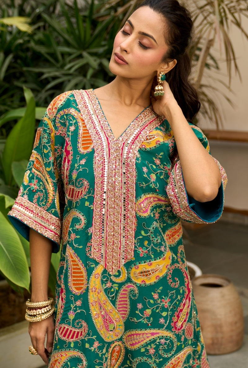 Bottle Green Paisely Print Choga Style Nadira Kurta Set