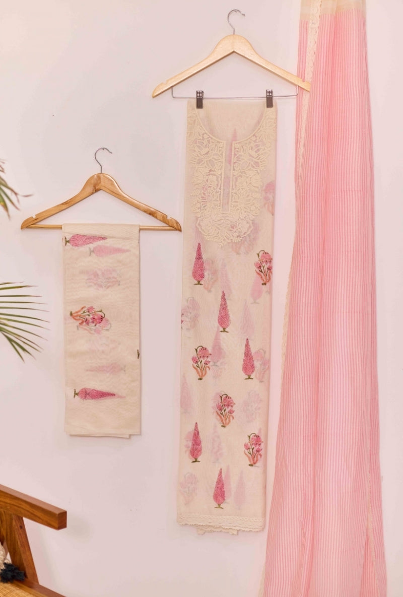 Block Print Resham Thread Embroidered Yoke Unstitched Suit Set