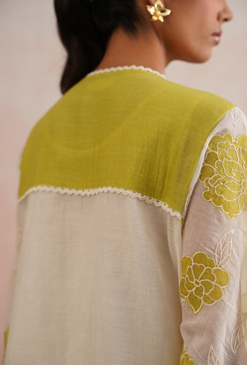 Lime Green Applique and Pearl Embroidered Kurta Set