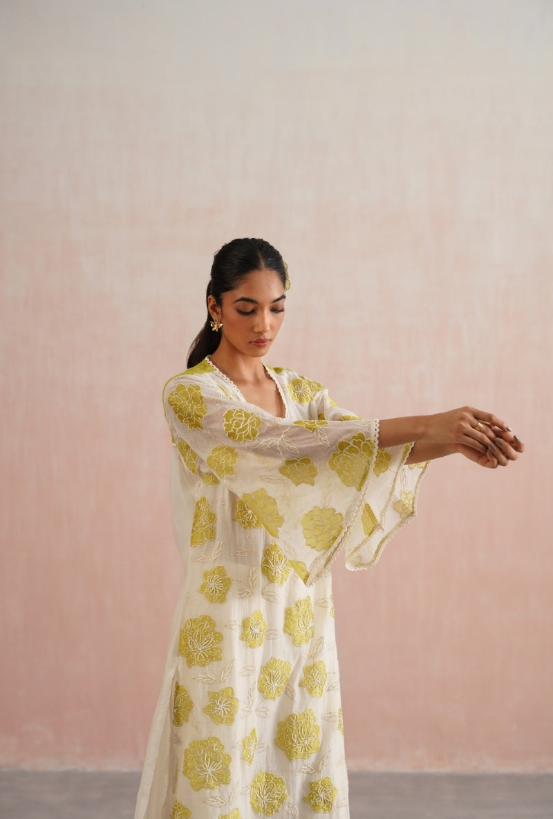 Lime Green Applique and Pearl Embroidered Kurta Set