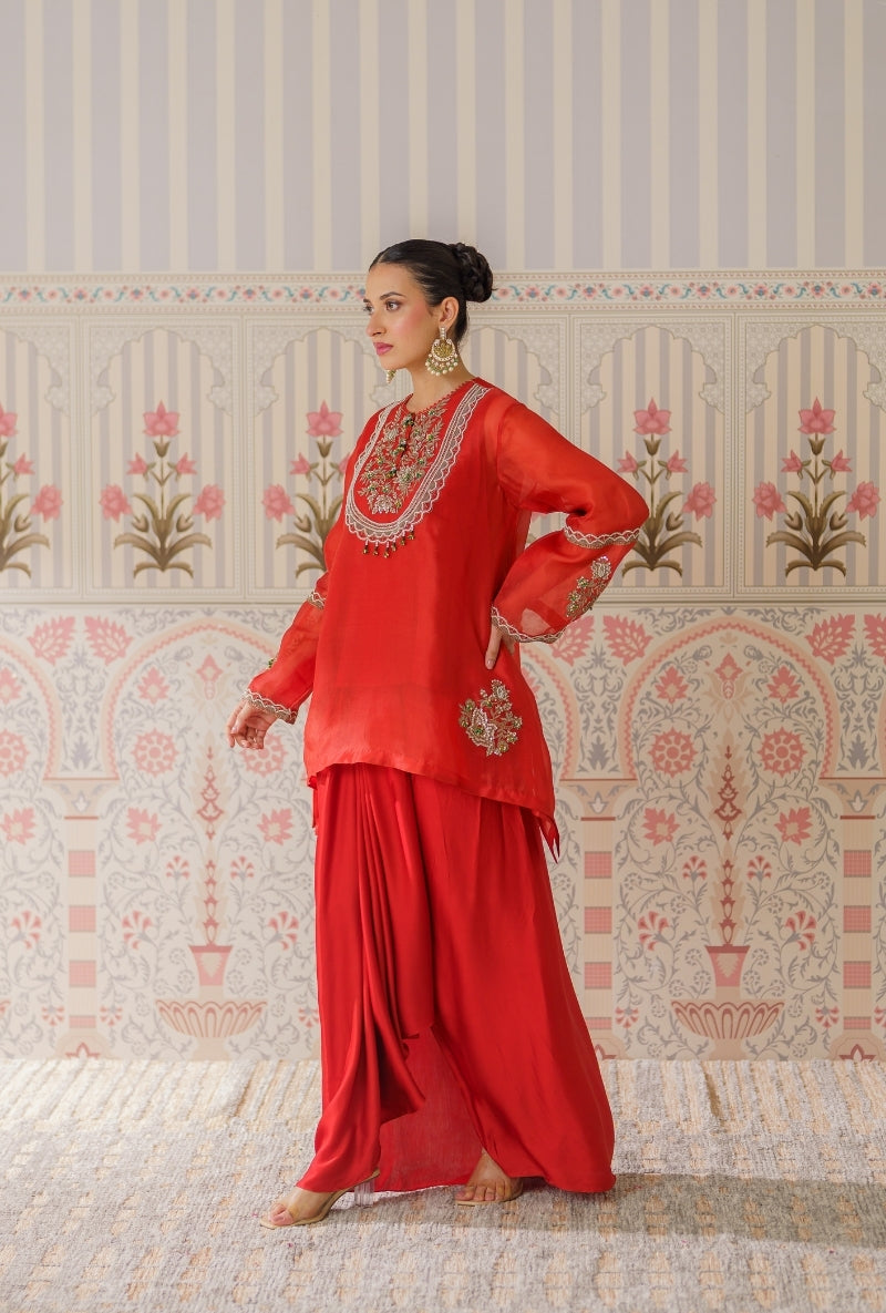 Rust Dabka Long Yoke Mallika Drape Skirt Set