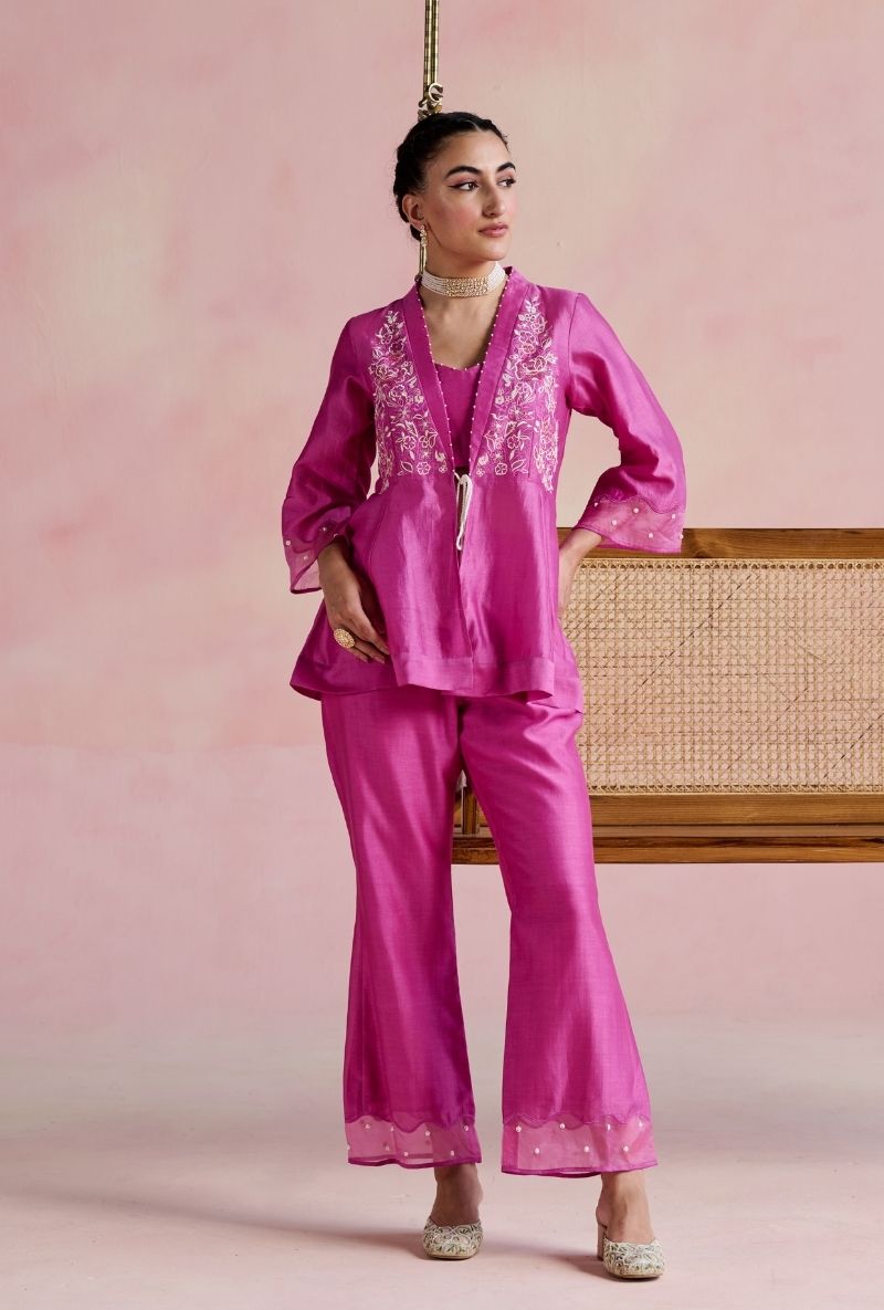 Magenta Pink Front Open Peplum Amara Co-Ord  Set