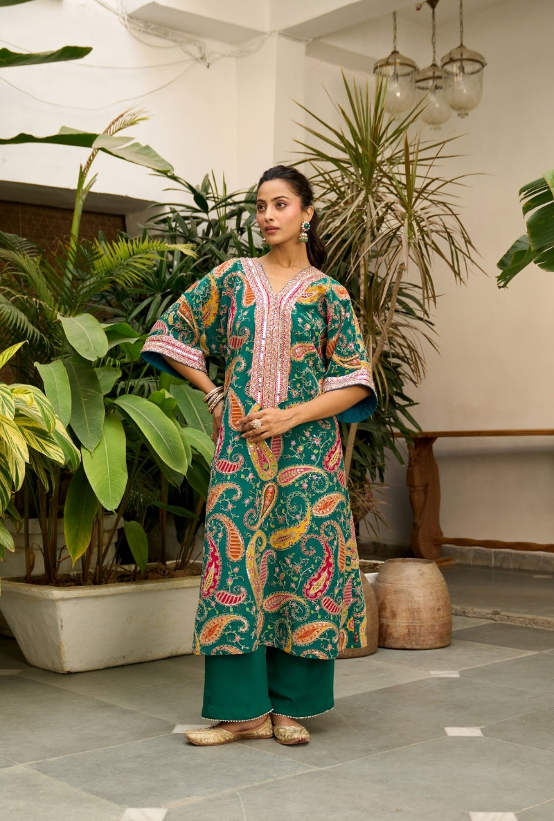 Bottle Green Paisely Print Choga Style Nadira Kurta Set