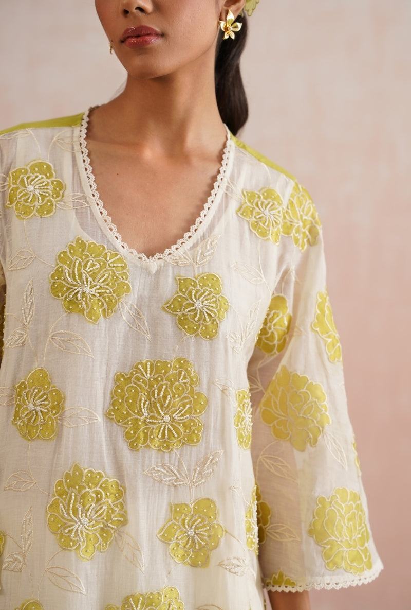 Lime Green Applique and Pearl Embroidered Kurta Set