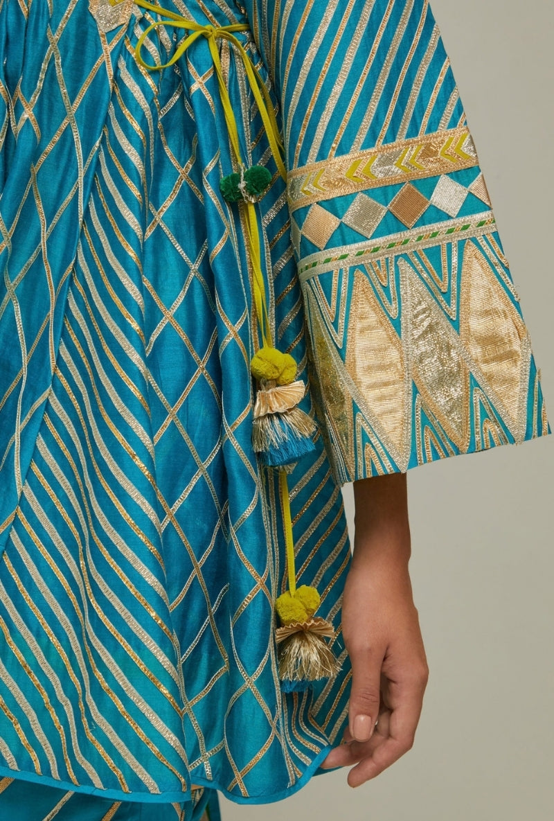 Peacock Blue Short Choga Gota Work Mehreen Sharara Set