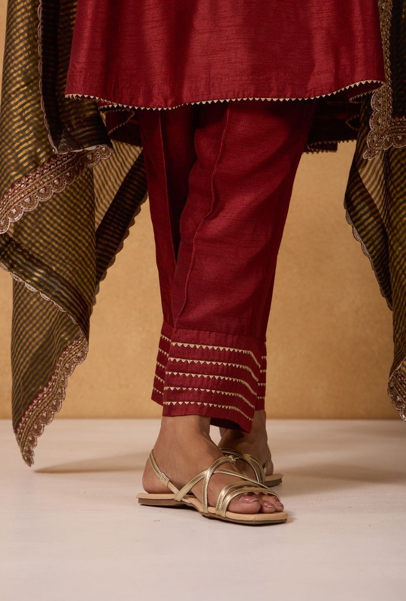 Brick Red Hand Embroidered Yoke Choga Surily Kurta Set