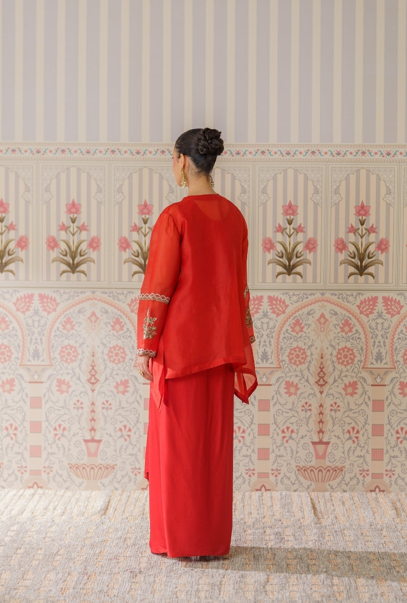 Rust Dabka Long Yoke Mallika Drape Skirt Set
