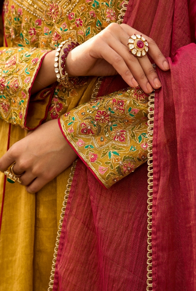 Mustard Heavy Yoke Paneled Sabah Anarkali Set