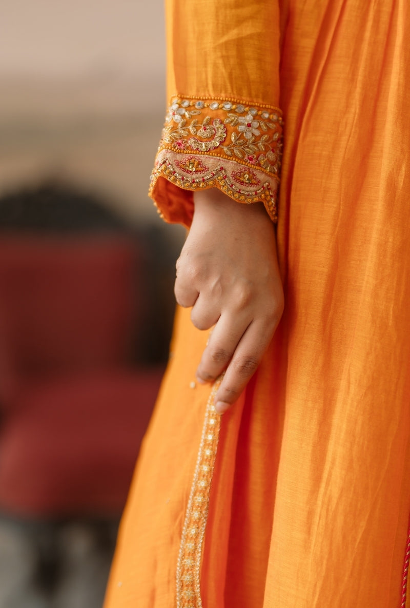 Orange Dori Work Front Gather Gulbano Anarkali set