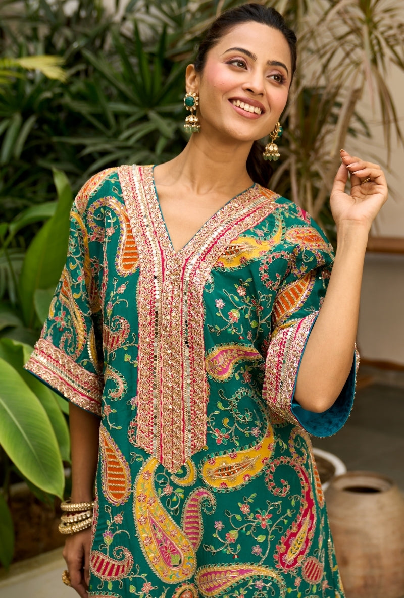 Bottle Green Paisely Print Choga Style Nadira Kurta Set