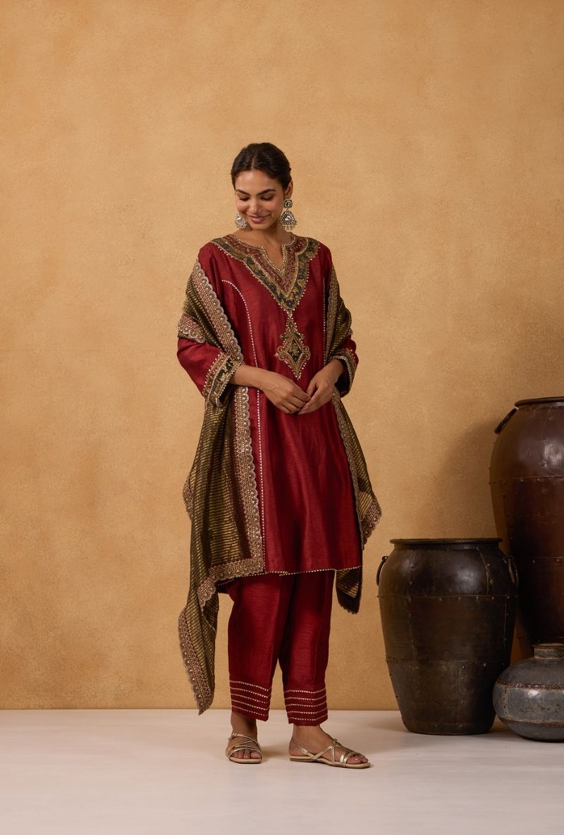 Brick Red Hand Embroidered Yoke Choga Surily Kurta Set