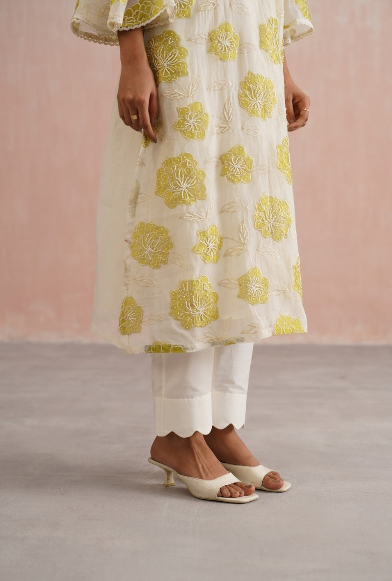 Lime Green Applique and Pearl Embroidered Kurta Set