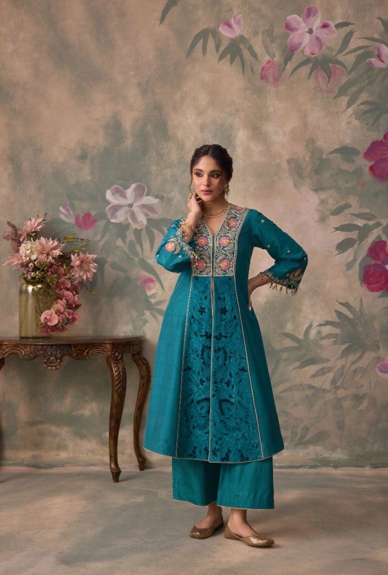 Teal Green Embrodered Yoke Jalsa Kurta Set