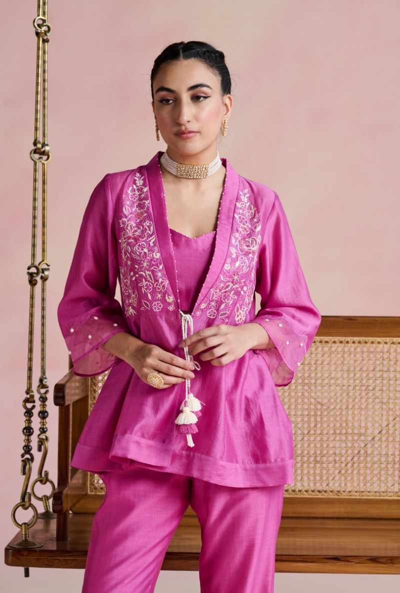 Magenta Pink Front Open Peplum Amara Co-Ord  Set