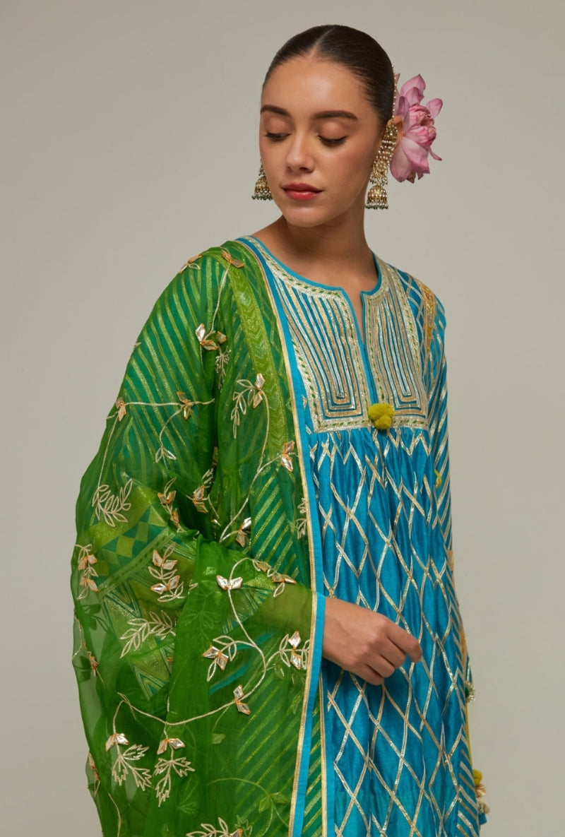Peacock Blue Short Choga Gota Work Mehreen Sharara Set