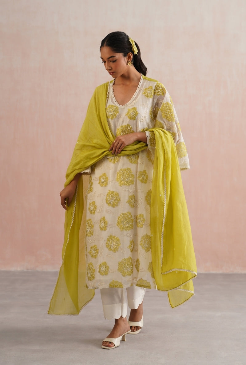 Lime Green Applique and Pearl Embroidered Kurta Set