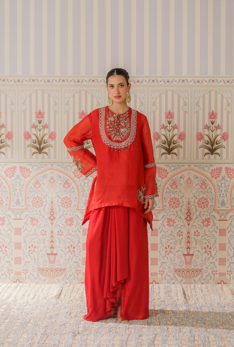 Rust Dabka Long Yoke Mallika Drape Skirt Set