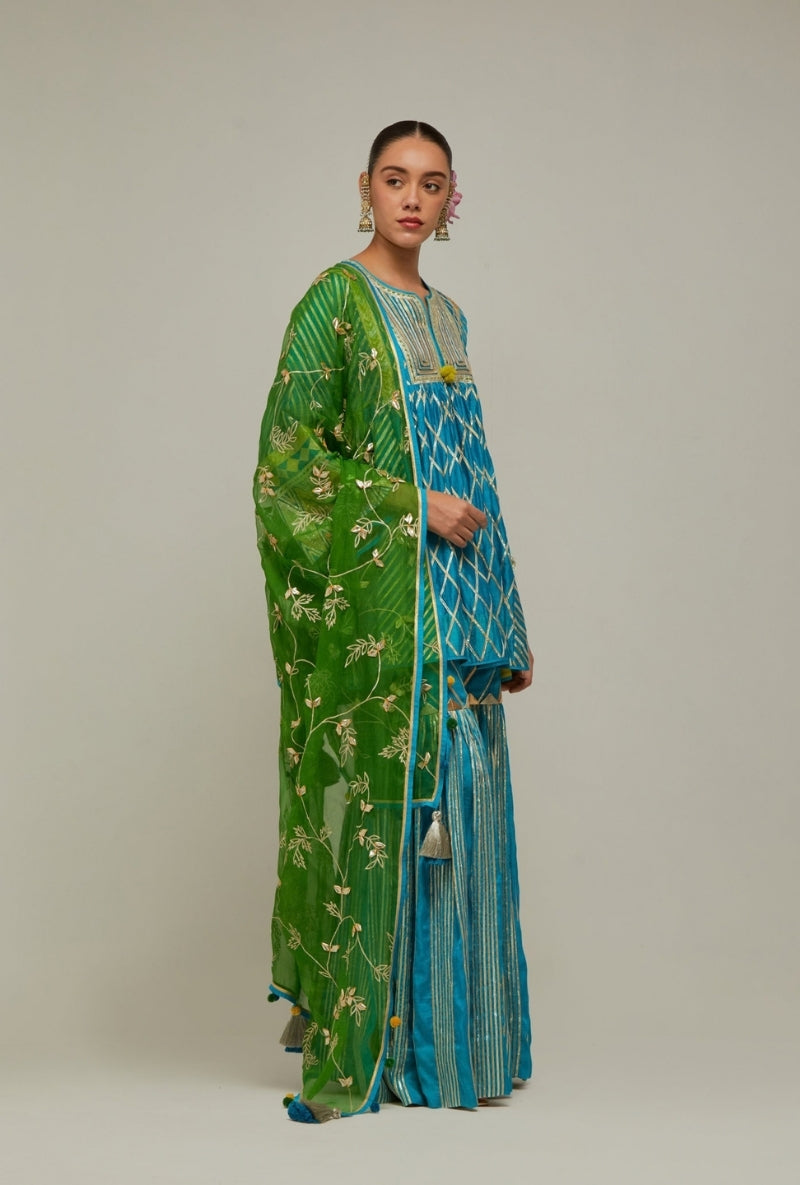 Peacock Blue Short Choga Gota Work Mehreen Sharara Set