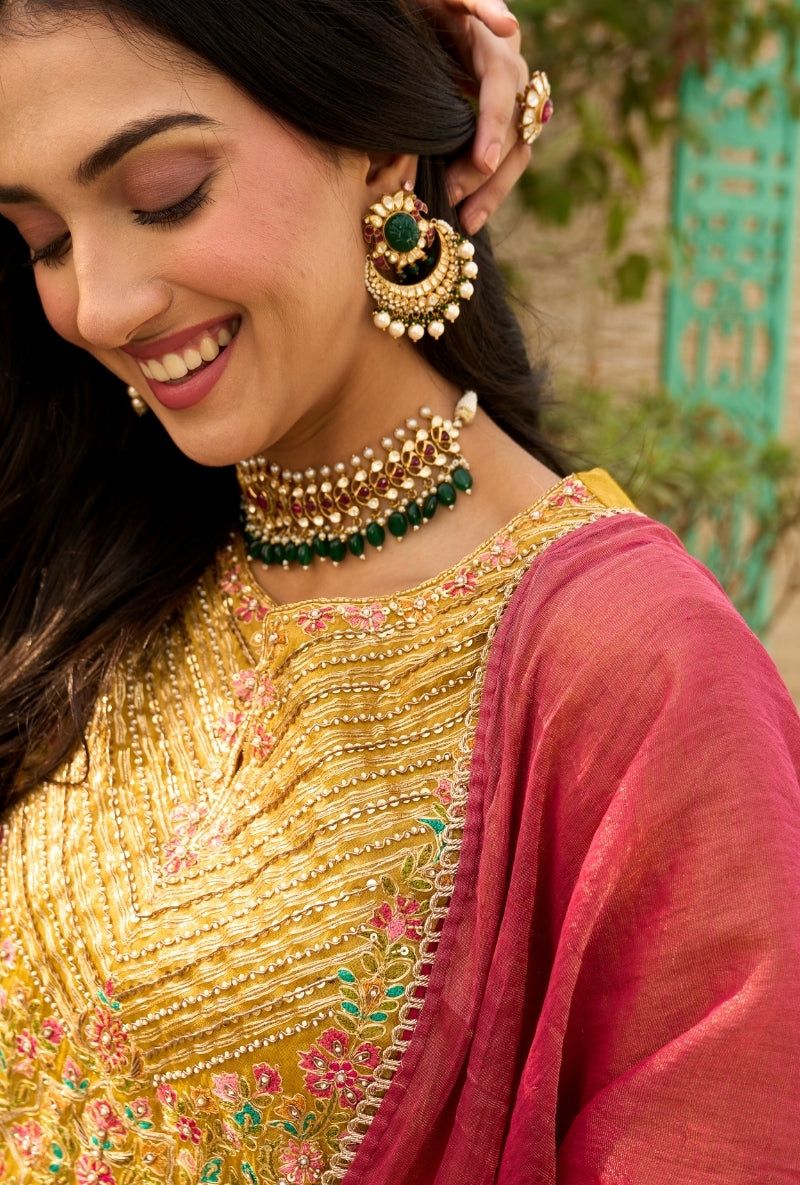 Mustard Heavy Yoke Paneled Sabah Anarkali Set