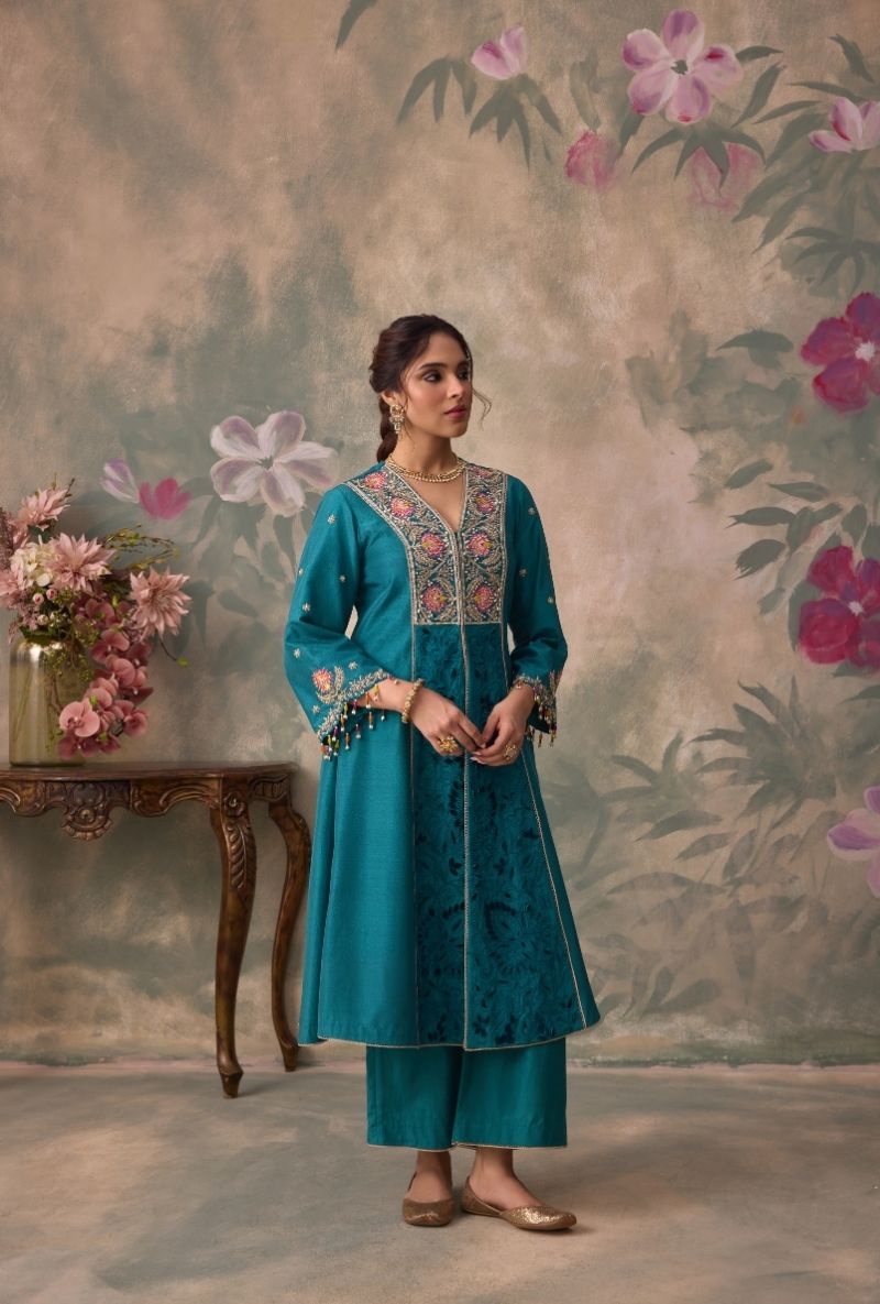 Teal Green Embrodered Yoke Jalsa Kurta Set