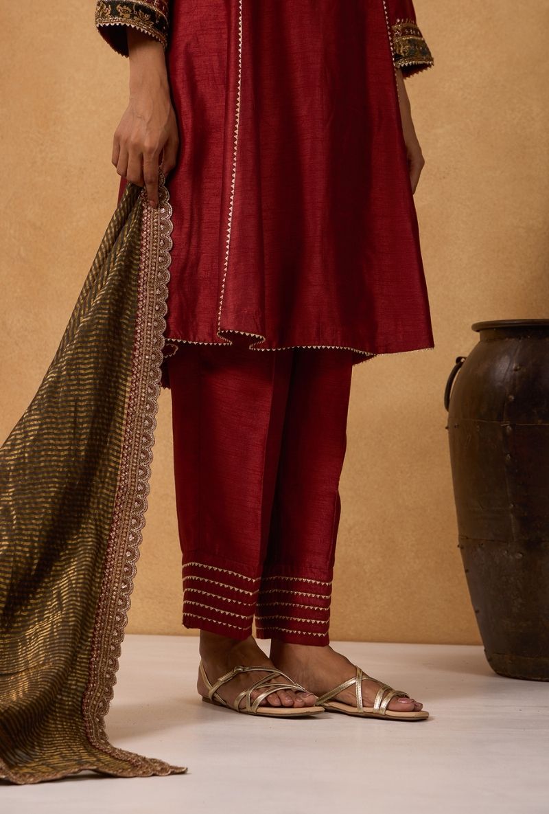 Brick Red Hand Embroidered Yoke Choga Surily Kurta Set
