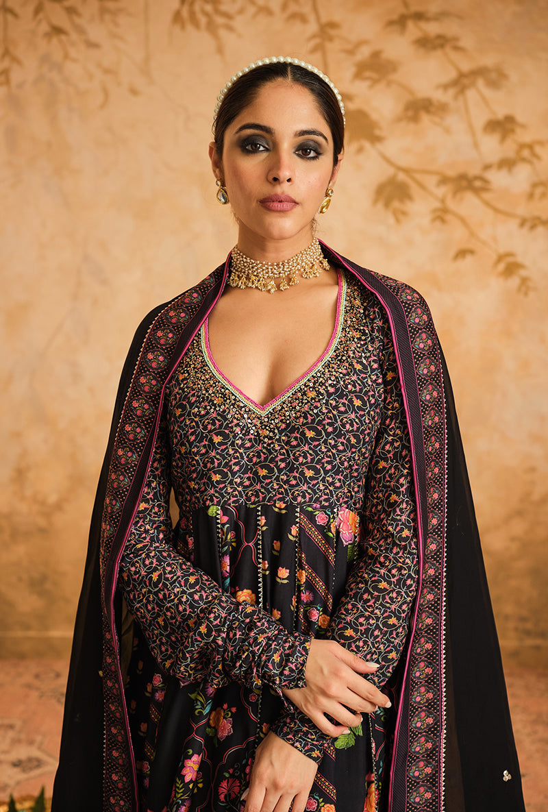 Black Multiple Kali Goonj Anarkali Set