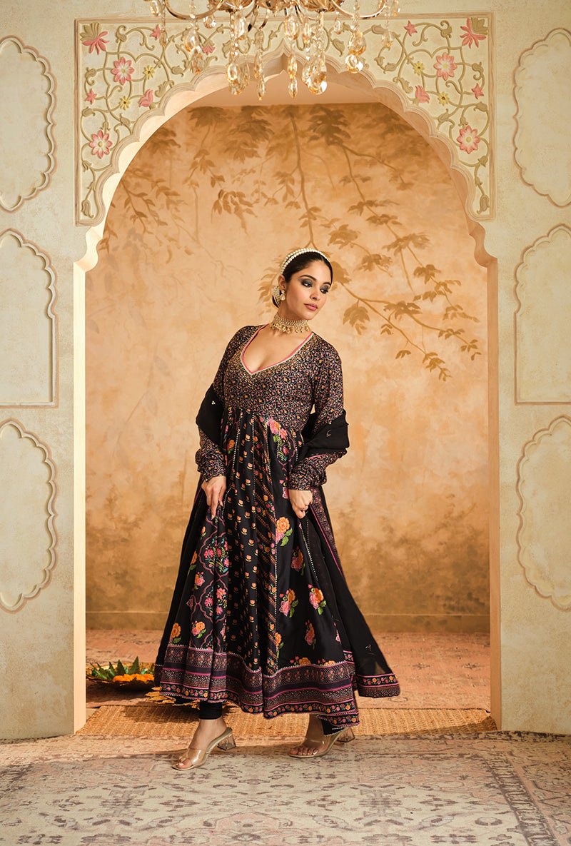 Black Multiple Kali Goonj Anarkali Set