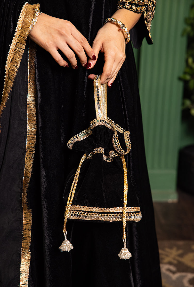 Black Velvet Scallop V- Neck And Sleeve Dastaan Anarkali Set