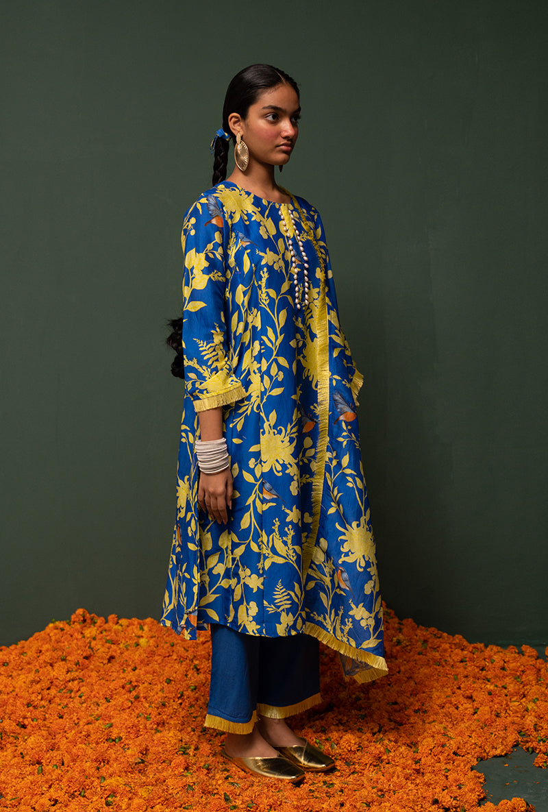 Blue Printed Long Sasha Kurta Set