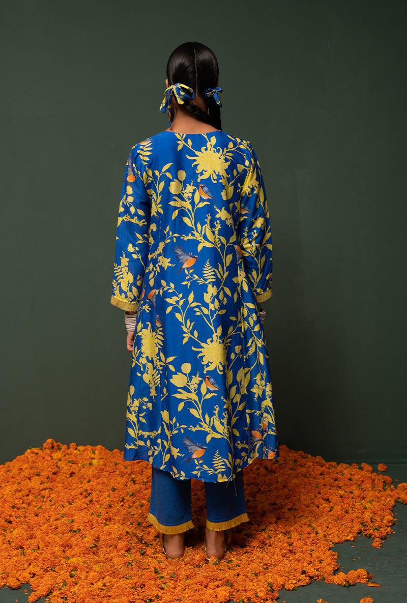 Blue Printed Long Sasha Kurta Set